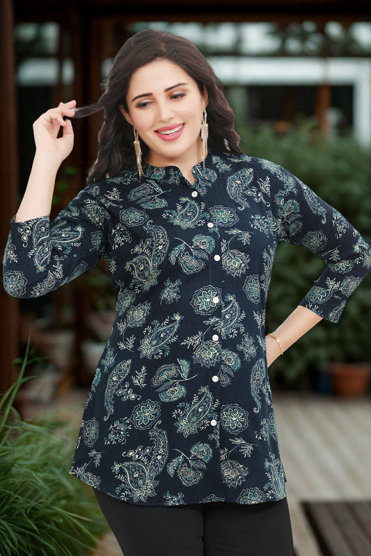 Women's Cotton Short Kurtis Tunic Top Kurta from India (Teal Blue)