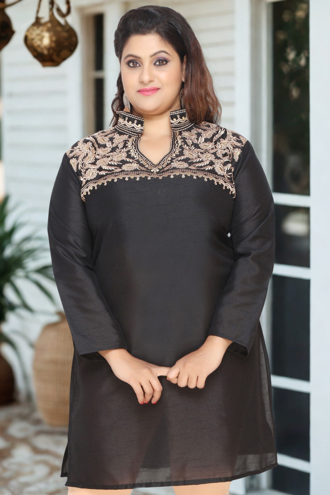 Women's Art Silk Indian Tunics Kurti Long Top Embroidered Plus Size (Black)