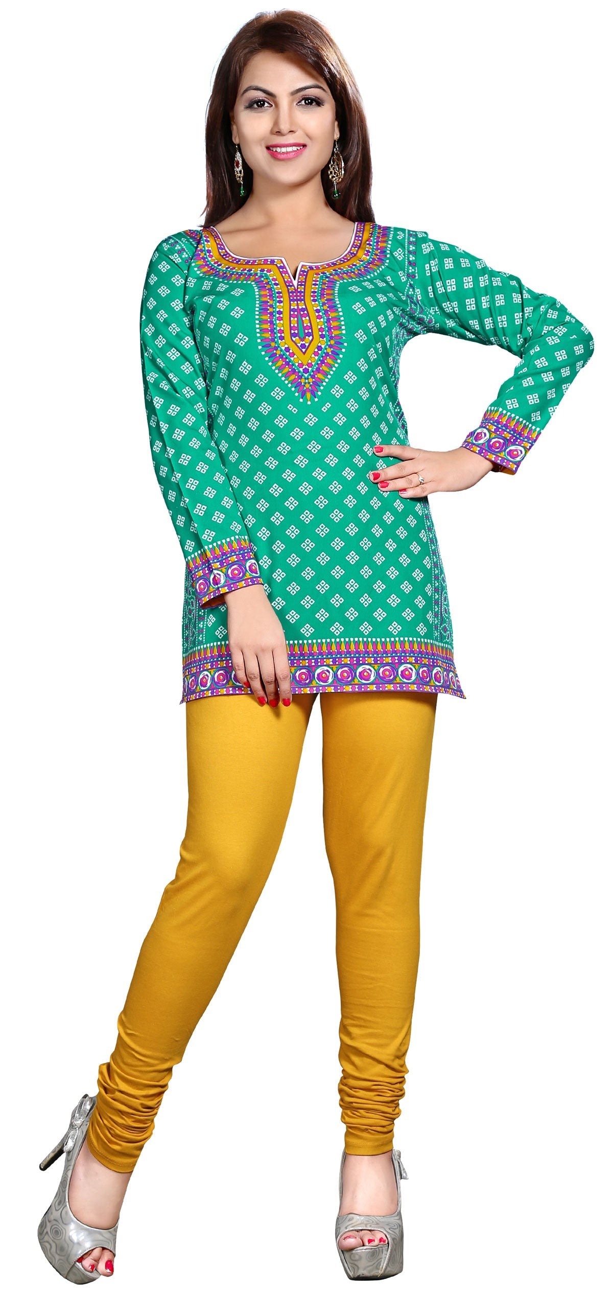 Green printed short kurta for women