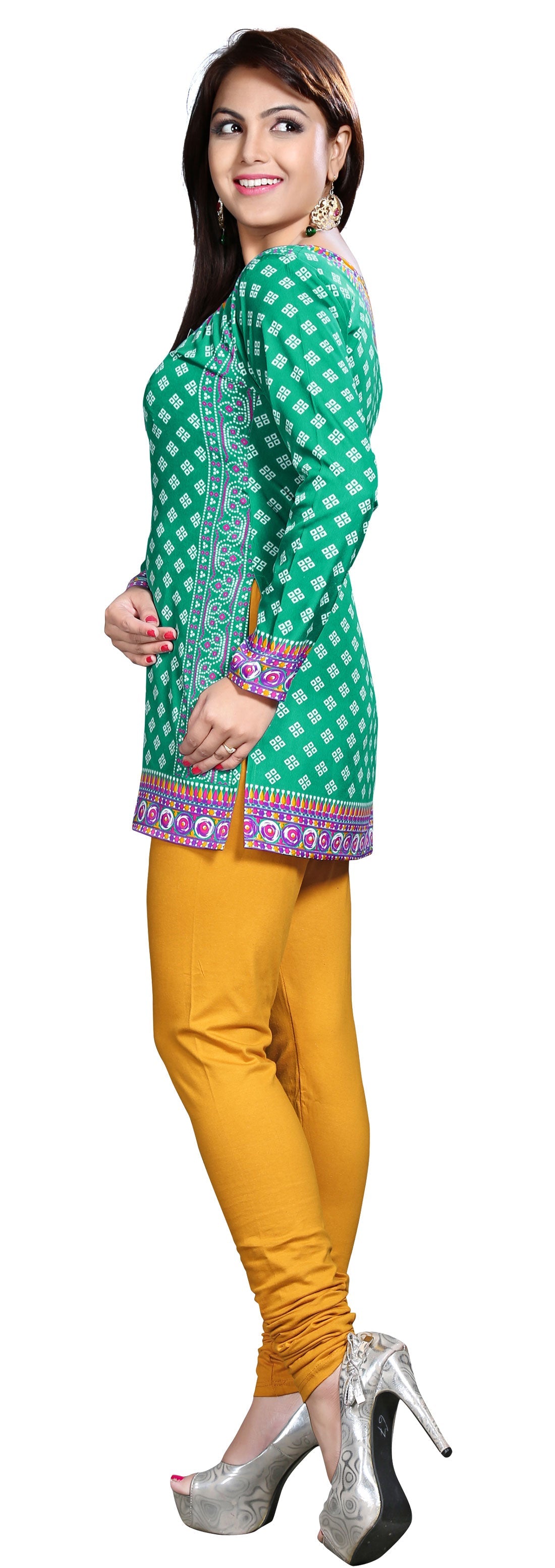 Green printed short kurta for women