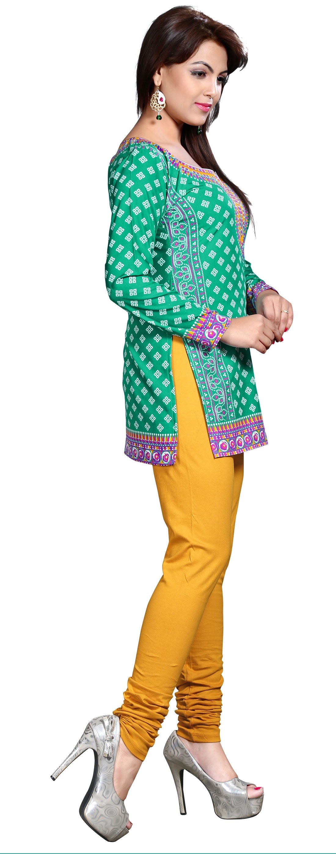 Green printed short kurta for women