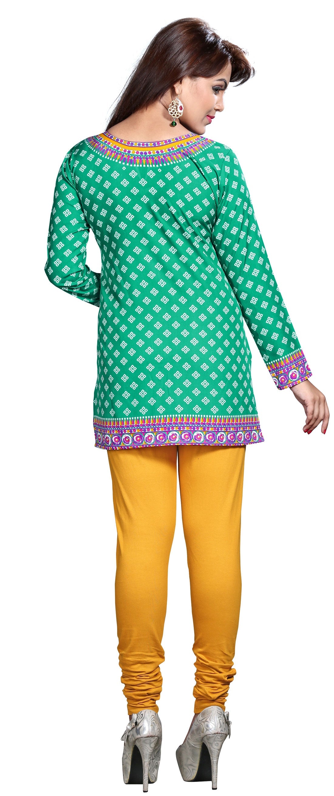 Green printed short kurta for women