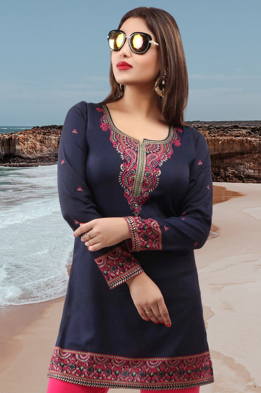 Dark Blue Short Kurti Tops for Women - Elegant Ethnic Wear
