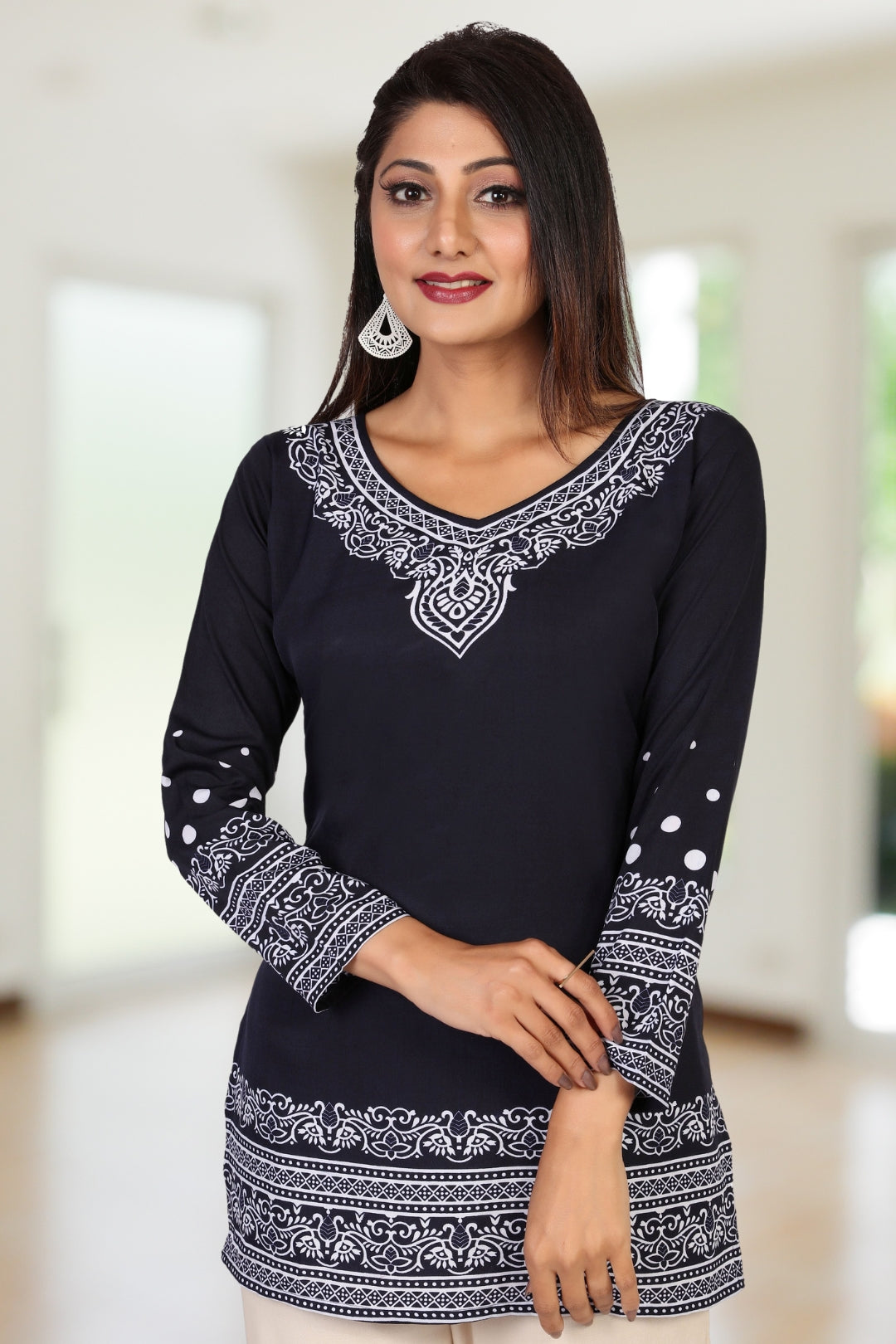 Buy Indian Kurta Online-Elegant Blue Printed Kurti Top with White Patterns