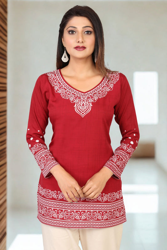 Buy Indian Kurtis Online- Stylish Maroon Printed Kurti Top with White Pattern
