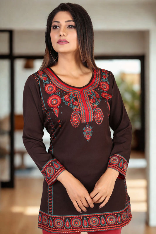 Elegant Chocolate Color Short Kurti Top for Women - Shop Printed Kurtis Online