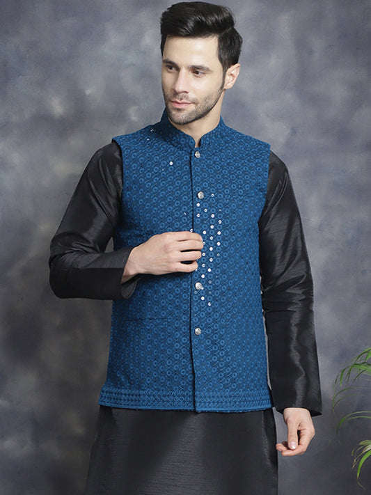 Peacock Blue Indian Vest for men